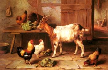埃德加 亨特 Goat And Chickens Feeding In A Cottage Interior